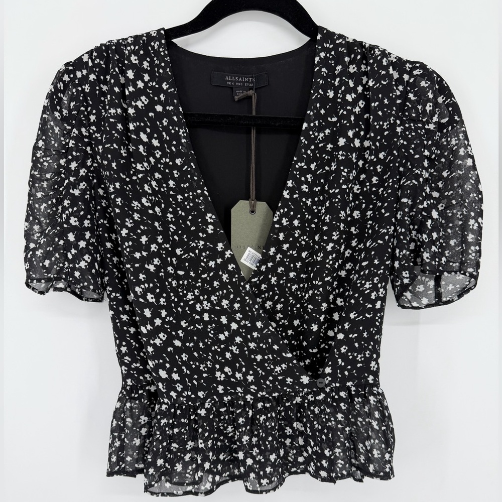 AllSaints Ilia Pippa Black Floral Wrap Peplum Top –‎ NWT – Size 0